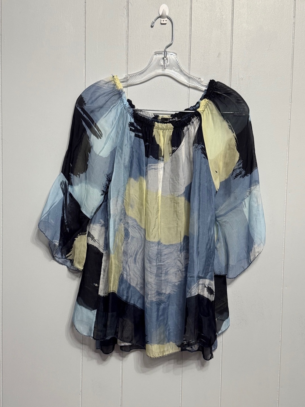 #18)  CHARLIE B Blue, Black & Cream Abstract Peasant Tunic